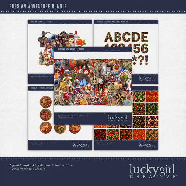Adventure and explore through Russia with these beautiful, realistic travel embellishments, folk art papers, clusters, and Khokhloma alpha set by Lucky Girl Creative digital art for digital scrapbooking. Great for vacations and holidays to Russia and other nearby Eastern European countries. Embellishments include bear, gray fox, marten, reindeer, wolf, apartment building, high rise building, walk up, ballet slippers, barrier, felt boots, cigarettes, Moscow, St. Petersburg, jacket, coat, traditional dress