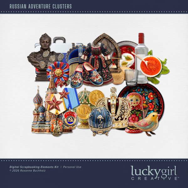 Adventure and explore through Russia with these beautiful, easy-to-use embellishment clusters by Lucky Girl Creative digital art for digital scrapbooking. Great for vacations and holidays to Russia and other nearby Eastern European countries. This kit is included in the Russian Adventure Bundle.