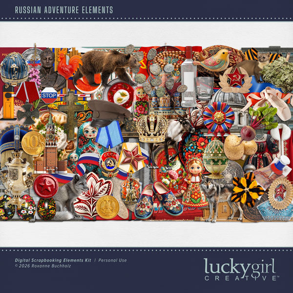 Adventure and explore through Russia with these beautiful, realistic travel embellishments by Lucky Girl Creative digital art for digital scrapbooking. Great for vacations and holidays to Russia and other nearby Eastern European countries. Embellishments include bear, gray fox, marten, reindeer, wolf, apartment building, high rise building, walk up, ballet slippers, barrier, felt boots, cigarettes, Moscow, St. Petersburg, jacket, coat, traditional dress, shoes, coin, country of Russia, crown, cabinet, decor