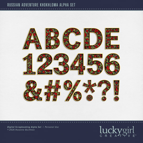 Adventure and explore through Russia with these beautiful Khokhloma folk art alphabet, number, and punctuation marks by Lucky Girl Creative digital art, great for adding unique page titles to your digital scrapbooking pages. (Khokhloma is a 17th-century traditional Russian folk art and wood-painting style originating from villages in the Nizhny Novgorod region near the Volga River.) This kit is included in the Russian Adventure Bundle.