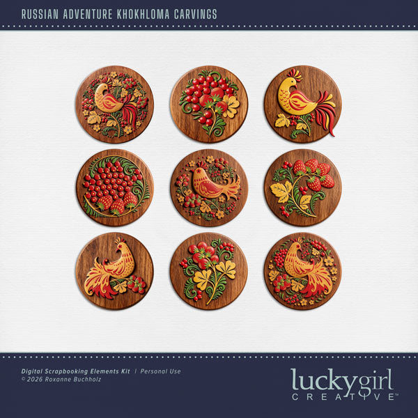 Adventure and explore through Russia with these beautiful Khokhloma folk art wood carvings by Lucky Girl Creative Digital Art for Digital Scrapbooking. (Khokhloma is a 17th-century traditional Russian folk art and wood-painting style originating from villages in the Nizhny Novgorod region near the Volga River.) This kit is included in the Russian Adventure Bundle.