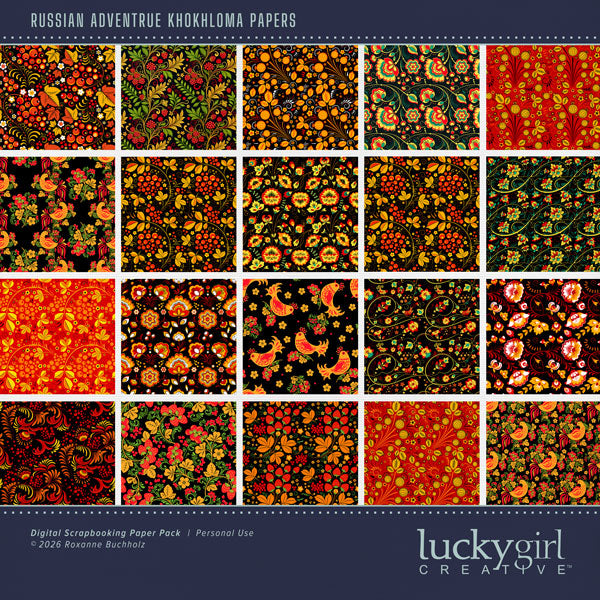 Adventure and explore through Russia with these beautiful Khokhloma folk art papers by Lucky Girl Creative Digital Art for Digital Scrapbooking. (Khokhloma is a 17th-century traditional Russian folk art and wood-painting style originating from villages in the Nizhny Novgorod region near the Volga River.) This kit is included in the Russian Adventure Bundle.