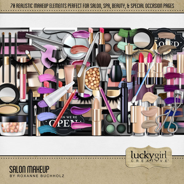 Document your latest trip to the makeup studio, spa, or beauty salon with this digital scrapbooking kit filled with pretty makeup embellishments by Lucky Girl Creative digital art. Great for prom, homecoming, wedding, and special occasions, too! Embellishments include make up, cotton swab, eyeshadow brush, make-up brush, eyeshadow, compact, case, eyeshadow smear, lipstick swash, foundation spill, lipstick, lip gloss, gloss, concealer, and more.