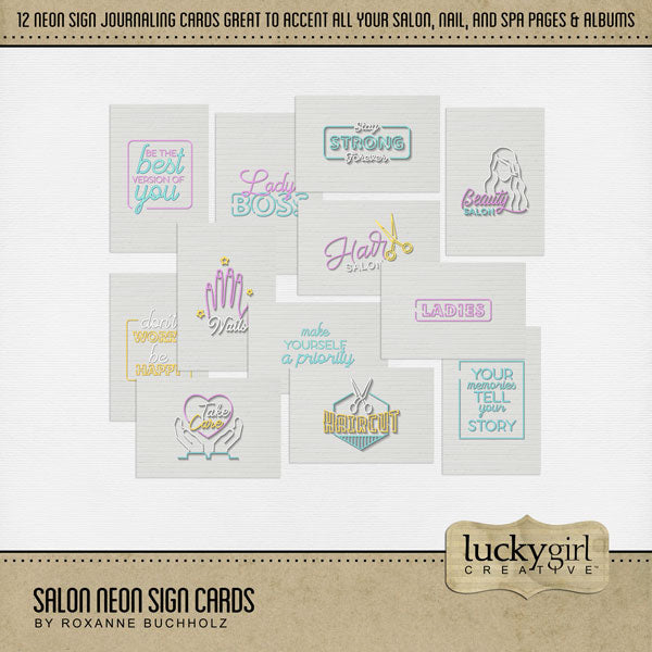 Document your latest trip to the hair salon, spa, nail shop, manicure and pedicure, and makeup beauty studio with these realistic journaling cards with neon signs set on a white brick background by Lucky Girl Creative digital art. Each card measures 4"x6". Word art includes Be the best version of you, beauty salon, don't worry be happy, hair salon, haircut, ladies, lady boss, make yourself a priority, nails, stay strong forever, take care, and your memories tell your story.