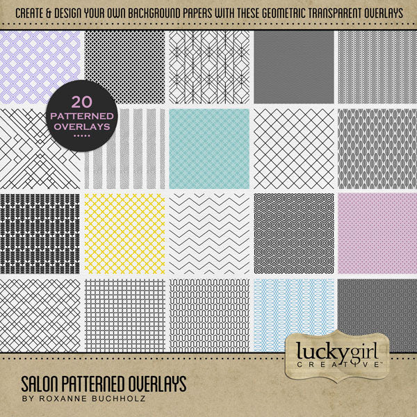 Create your own digital scrapbooking papers with these stylish geometric patterned overlays by Lucky Girl Creative digital art. Fill the patterns with your favorite color, photo, or paper to create a unique patterned effect and one-of-a-kind background paper. Great for salon, spa, beauty, wedding, and everyday occasions, too!