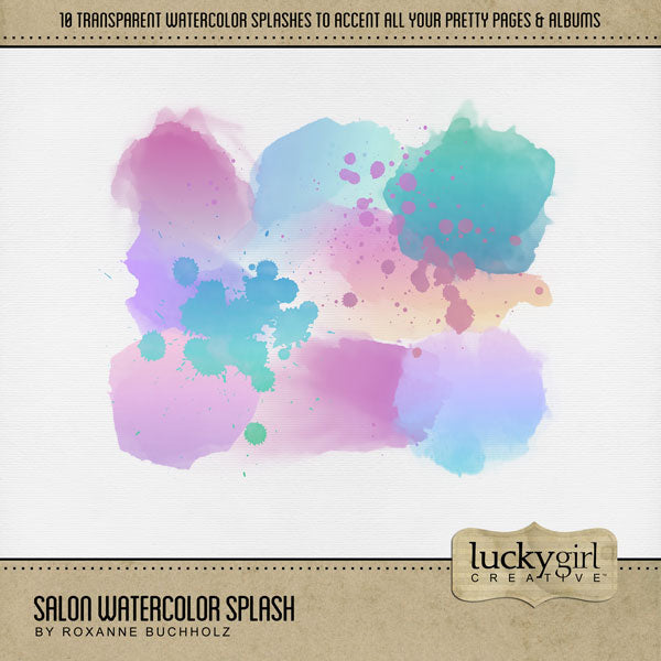 Accent your digital scrapbooking projects with these fun transparent watercolor splash spots and splatters by Lucky Girl Creative digital art perfect for layering on your spa, beauty, and everyday pages.