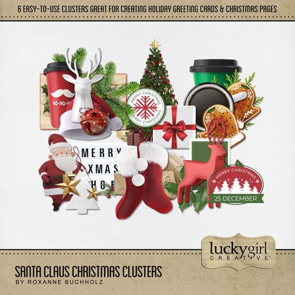 Add these beautiful holiday clusters by Lucky Girl Creative digital art to all your digital scrapbooking pages to easily create memorable holiday greeting cards, seasonal decor, and Christmas pages. This kit is included in the Christmas Clusters 2 Bundle.