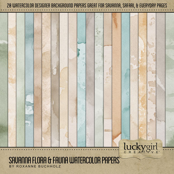 Be inspired by the beautiful savanna with these soft, earth-toned digital scrapbooking watercolor papers by Lucky Girl Creative digital art. Perfect for creating pages of vacations to Africa, Australia, the desert, as well as outdoor and nature adventures in fall and autumn. The Savanna Flora & Fauna Watercolor Papers is included in the Savanna Flora & Fauna Mega Bundle.