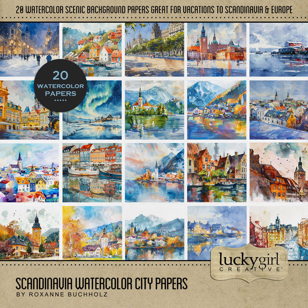 Add these beautiful watercolor city background papers by Lucky Girl Creative digital art to all your Scandinavian pages and Nordic albums! Use for documenting travel and vacations to Scandinavia - Denmark, Norway, Sweden, Finland, and Iceland as well as other locations in Europe. Landscapes include city, town, downtown, church, seaside village, fjords, waterways, wharf, and more. This kit is included in the Scandinavia Watercolor Bundle.