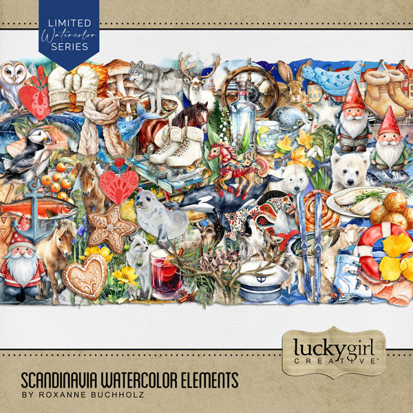 Add these beautiful watercolor embellishments by Lucky Girl Creative digital art to all your Scandinavian digital scrapbooking pages and Nordic albums! Use for documenting travel and vacations to Scandinavia - Denmark, Norway, Sweden, Finland, and Iceland as well as other locations in Europe. Embellishments include antlers, arctic fox, owl, bunny rabbit, hare, deer, reindeer, stag, arctic char, fish, Icelandic horse, moose, Danish pastry, octopus, otter, polar bear, puffin, seal, sheep, Swedish, and more.