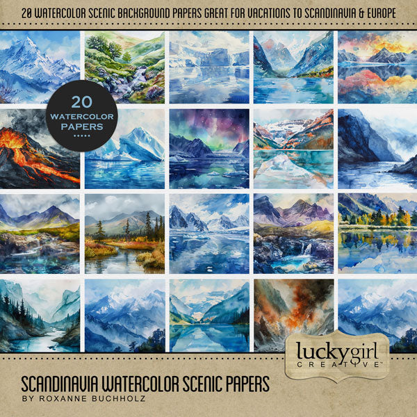 Add these beautiful watercolor scenic background papers by Lucky Girl Creative digital art to all your Scandinavian pages and Nordic albums! Use for documenting travel and vacations to Scandinavia - Denmark, Norway, Sweden, Finland, and Iceland as well as other winter locations. Landscapes include mountains, snow, glacier, volcano, fjord, lake, river, stream, hot springs, bay, and more. This kit is included in the Scandinavia Watercolor Bundle.