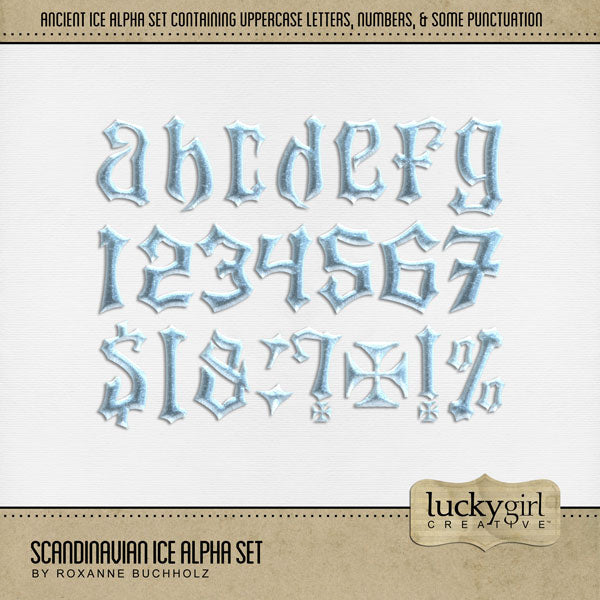 These beveled ice alphabet and number digital scrapbooking embellishments by Lucky Girl Creative digital art are easy to use for everyday digital scrapbook page titles and inspired by Nordic Vikings and ancient runes. Use for documenting travel and vacations to Scandinavia - Denmark, Norway, Sweden, Finland, and Iceland. Also great for Frozen adventures and winter pages including skiing, ice skating, hockey, and curling.