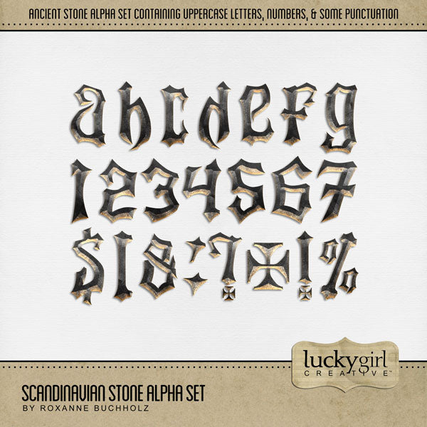 These beveled stone alphabet and number digital scrapbooking embellishments by Lucky Girl Creative digital art are easy to use for everyday digital scrapbook page titles and inspired by Nordic Vikings and ancient runes. Use for documenting travel and vacations to Scandinavia - Denmark, Norway, Sweden, Finland, and Iceland. The Scandinavian Stone Alpha Set consists of a full set of digital art uppercase alphabet letters A-Z, numbers 0-9, and most punctuation marks. 