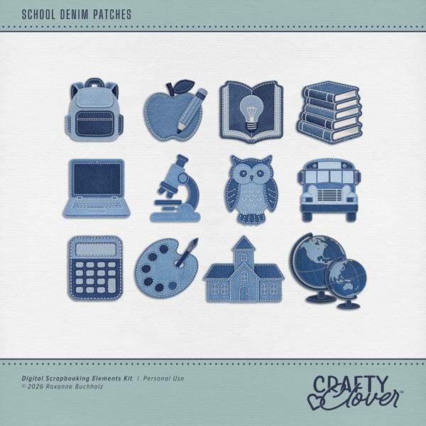These playful denim patches by Crafty Clover digital art for digital scrapbooking will add a touch of fun to all your school adventures and classroom activities. Embellishments include apple, pencil, art palette, backpack, book, lightbulb, stack of books, calculator, globe, laptop, computer, microscope, owl, school bus, and school house. This kit is NOT included in any bundle.