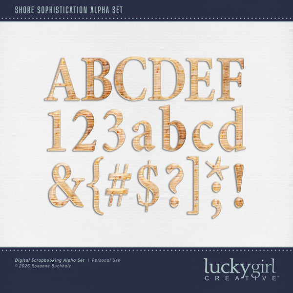 Create one-of-a-kind page titles with these beautiful coral alphabet letters, numbers, and punctuation by Lucky Girl Creative digital art. Perfect for beach and ocean as well as outdoor and nature digital scrapbooking pages! The Shore Sophistication Alpha Set consists of a full set of digital art uppercase alphabet letters A-Z, lowercase alphabet letters a-z, numbers 0-9, and most punctuation marks. This alpha set is available as individual embellishments only. 