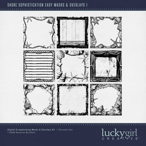 Love a distressed nautical backgrounds? Now you can create your own with these Easy Mask Frame Effects and Overlay Embellishments by Lucky Girl Creative digital art for digital scrapbooking. Perfect for beach, ocean, seaside, and nautical adventures. With 9 unique rope and seashell textures and frames, these grunge designs can be used as is, filled with paper, colorized, or used as Blend effects. Now you can design your own backgrounds! Make subtle or bold - the choice is yours!