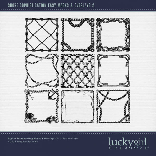 Love a distressed nautical backgrounds? Now you can create your own with these Easy Mask Frame Effects and Overlay Embellishments by Lucky Girl Creative digital art for digital scrapbooking. Perfect for beach, ocean, seaside, and nautical adventures. With 9 unique rope textures and frames, these grunge designs can be used as is, filled with paper, colorized, or used as Blend effects. Now you can design your own backgrounds! Make subtle or bold - the choice is yours! Tip: Try using multiple overlays and easy