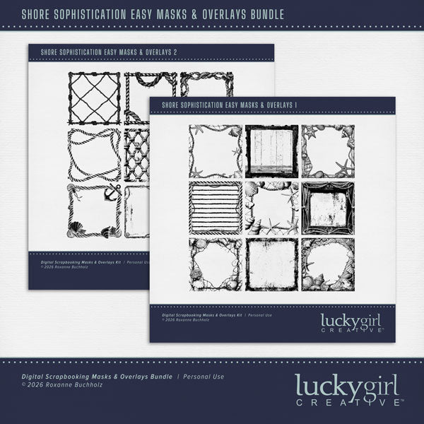 Love a distressed nautical backgrounds? Now you can create your own with these Easy Mask Frame Effects and Overlay Embellishments by Lucky Girl Creative digital art for digital scrapbooking. Perfect for beach, ocean, seaside, and nautical adventures. With 18 unique rope textures and frames, these grunge designs can be used as is, filled with paper, colorized, or used as Blend effects. Now you can design your own backgrounds! Make subtle or bold - the choice is yours!