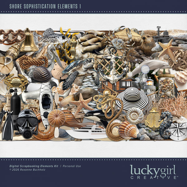 Inspired by the beaches of the Pacific Northwest, this beautiful nautical embellishments only kit by Lucky Girl Creative digital art in natural earth tones will help you create memorable digital scrapbooking pages. With a wide variety of embellishments, your seaside pages will come to life. Great for beach, ocean, and nautical adventures. Embellishments include anchor, pelican, crab, dolphin, fish, geoduck, hermit crab, whale, Orca, otter, sea otter, sea turtle, sealion, shark, beach bag, lounge chair