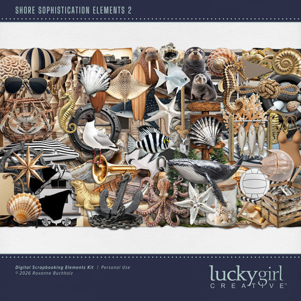 Inspired by the beaches of the Pacific Northwest, this beautiful nautical embellishments only kit by Lucky Girl Creative digital art in natural earth tones will help you create memorable digital scrapbooking pages. With a wide variety of embellishments, your seaside pages will come to life. Great for beach, ocean, and nautical adventures. Embellishments include sandpiper, seagull, bird, crab, fish, horseshoe crab, octopus, seahorse, sealion, stingray, walrus, whale shark, whale, beach bag, chair, seashells,