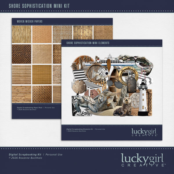 Inspired by the beaches of the Pacific Northwest, this beautiful nautical embellishments and woven reed papers by Lucky Girl Creative digital art in natural earth tones will help you create memorable digital scrapbooking pages. With a wide variety of embellishments, your seaside pages will come to life. Great for beach, ocean, and nautical adventures. Embellishments include seabird, bird, crab, fish, otter, sea turtle, beach bag, beach chair, lounge chair, wharf, dock, boardwalk, oar, canoe, coastal rock
