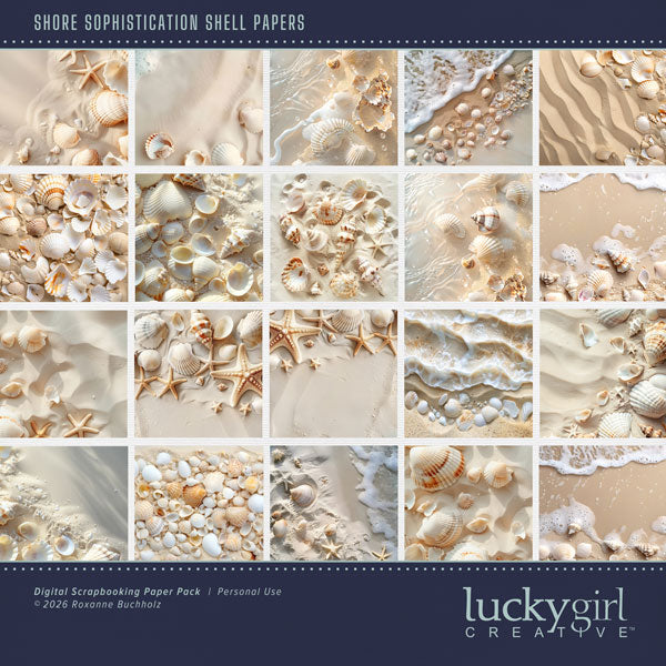 This beautiful light sand and seashell paper pack by Lucky Girl Creative digital art in cream tones will help you create memorable digital scrapbooking pages. Great for beach, ocean, seaside, and nautical adventures! This kit is included in the Shore Sophistication Bundle 1.