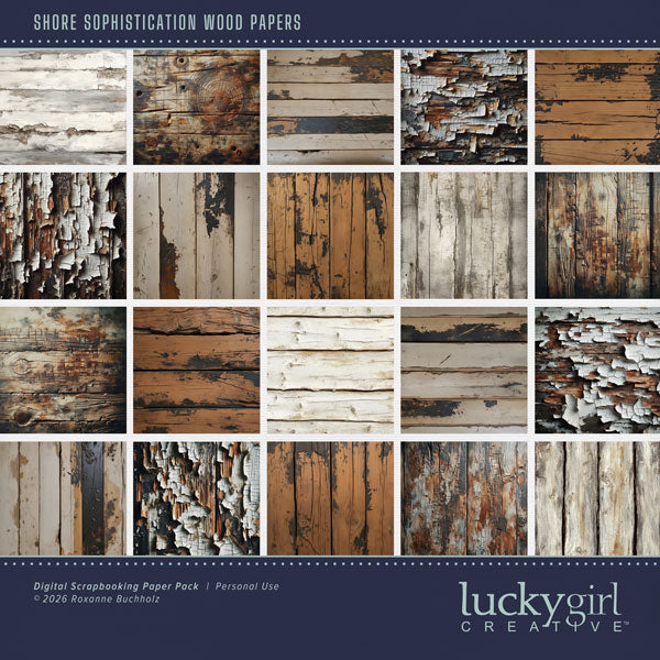 Inspired by the beaches of the Pacific Northwest, this beautiful distressed wood paper pack by Lucky Girl Creative digital art in natural brown and cream tones will help you create memorable digital scrapbooking pages. Great for beach and ocean as well as camping and western pages, too! This kit is included in the Shore Sophistication Bundle 2.