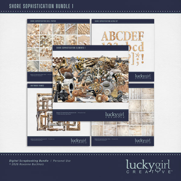 Inspired by the beaches of the Pacific Northwest, this beautiful nautical collection by Lucky Girl Creative digital art in natural earth tones will help you create memorable digital scrapbooking pages. With a wide variety of embellishments, wood and shell papers, driftwood frames, and coral alpha set, your seaside pages will come to life. Embellishments include pelican, crab, fish, anchor, dolphin, hermit crab, whale, Orca, Geoduck, otter, sea turtle, sealions, shark, beach bag, lounge chair, beach chair