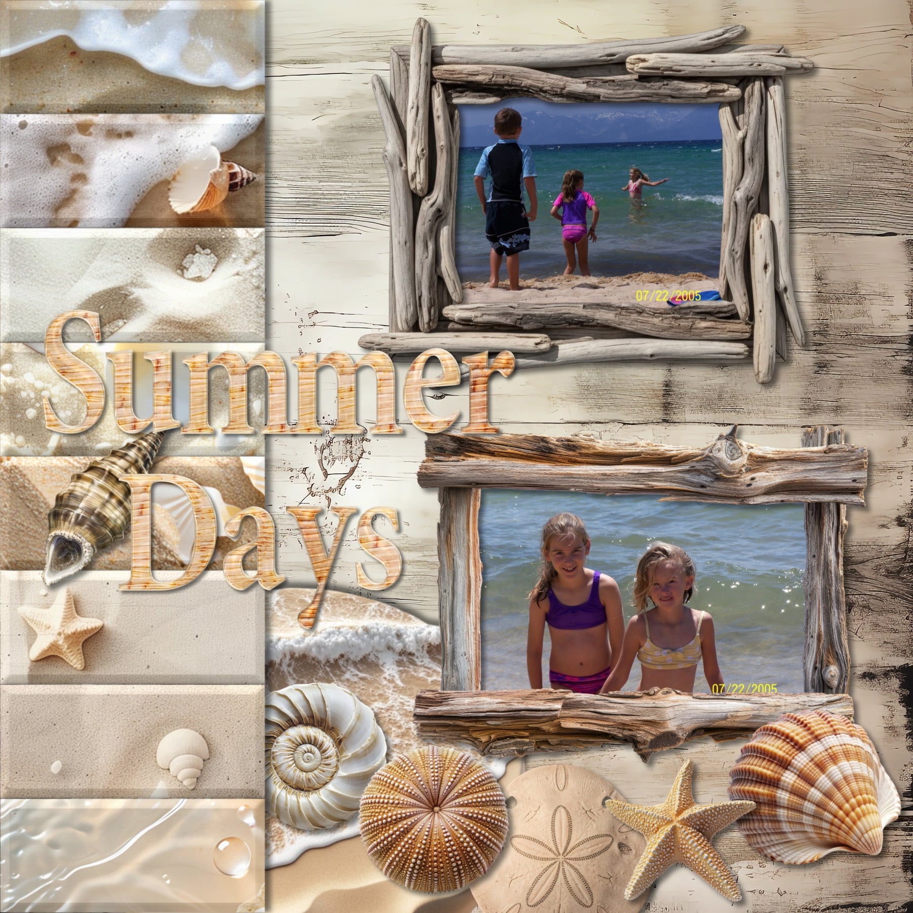 Inspired by the beaches of the Pacific Northwest, this beautiful nautical collection by Lucky Girl Creative digital art in natural earth tones will help you create memorable digital scrapbooking pages. With a wide variety of embellishments, wood and shell papers, driftwood frames, and coral alpha set, your seaside pages will come to life. Embellishments include pelican, crab, fish, anchor, dolphin, hermit crab, whale, Orca, Geoduck, otter, sea turtle, sealions, shark, beach bag, lounge chair, beach chair