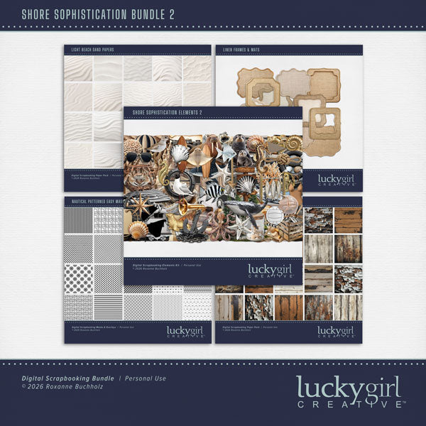 Inspired by the beaches of the Pacific Northwest, this beautiful nautical collection by Lucky Girl Creative digital art in natural earth tones will help you create memorable digital scrapbooking pages. With a wide variety of embellishments, wood and sand papers, linen mats, and patterned papers, your seaside pages will come to life. Embellishments include sandpiper, seagull, bird, crab, fish, horseshoe crab, octopus, seahorse, sealion, stingray, walrus, whale shark, whale, beach bag, chair, seashells, shell