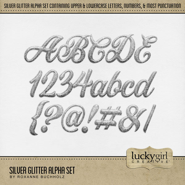 These silver script glitter alphabet and number digital scrapbooking embellishments by Lucky Girl Creative digital art are easy to use for everyday digital scrapbook page titles and special occasions such as Christmas, wedding, anniversary, birthday, graduation, New Year, and more. The Silver Glitter Alpha Set consists of a full set of digital art uppercase alphabet letters A-Z, lowercase alphabet letters a-z, numbers 0-9, and most punctuation marks.