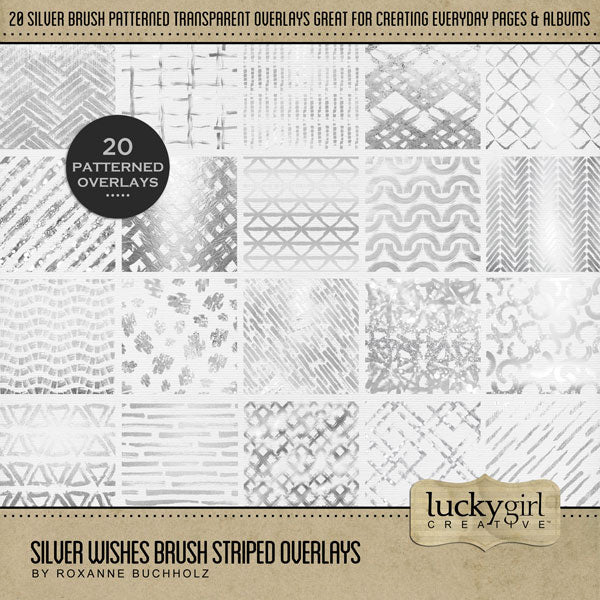 Add a touch of silver to all your digital scrapbooking page backgrounds! Great for adding sparkle and shine to any occasion including birthday, anniversary, celebration, the holidays, Christmas, and more! These silver brushstrokes have a transparent background perfect for layering on top of other digital papers. Digital scrapbooking kit by Lucky Girl Creative digital art. This kit is included in the Silver Wishes Bundle.