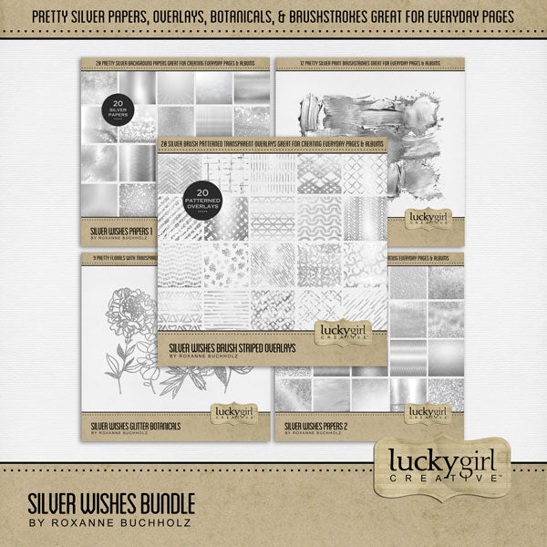 Add a touch of silver to all your digital scrapbooking pages! Great for adding sparkle and shine to any occasion including birthday, anniversary, celebration, wedding, the holidays, Christmas, and more! This silver bundle includes hand drawn botanical embellishments, paint brushstrokes, overlays, and pretty papers. Digital scrapbooking kit by Lucky Girl Creative digital art.