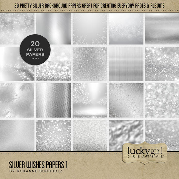 Add a touch of silver to all your digital scrapbooking page backgrounds! Great for adding sparkle and shine to any occasion including birthday, anniversary, celebration, the holidays, Christmas, and more! Digital scrapbooking kit by Lucky Girl Creative digital art. This kit is included in the Silver Wishes Bundle.