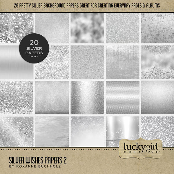 Add a touch of silver to all your digital scrapbooking page backgrounds! Great for adding sparkle and shine to any occasion including birthday, anniversary, celebration, the holidays, Christmas, and more! Digital scrapbooking kit by Lucky Girl Creative digital art. This kit is included in the Silver Wishes Bundle.