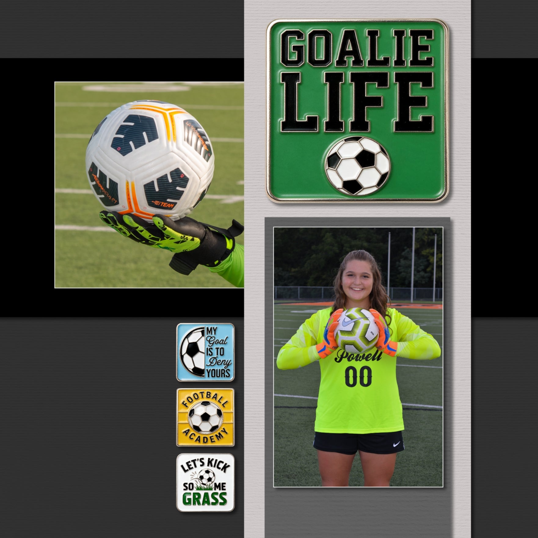 Accent your soccer and football digital scrapbooking pages with these fun enamel pins by Crafty Clover digital art great for a team, player, coach, and soccer sport fan! Embellishments include phrases such as Eat Sleep Soccer Repeat, Football Academy, Future Soccer Star in Training, Goalie Life, It's a Great Day for Soccer, Let's Kick Some Grass, Love, My Goal is to Deny Yours, My Heart is on the Field, Practice Like a Champion, Soccer My Favorite Subject, Stressed Blessed Soccer Obsessed.