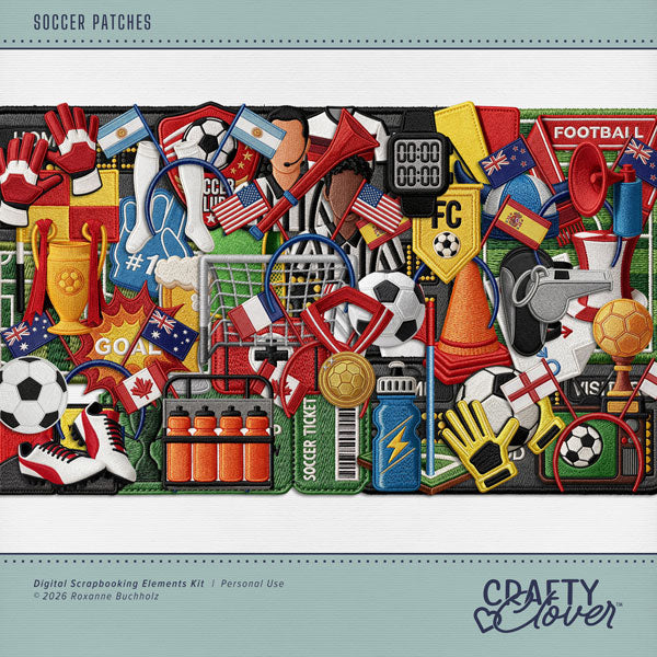 Accent your soccer and football digital scrapbooking pages with these fun embroidered patches by Crafty Clover digital art great for a team, player, coach, athlete, and volleyball sport fan! Embellishments include red card, yellow card, cone, banner, corner kick, beer, field, first aid kit, flag, foam finger, game plan, goal keeper, gloves, goal, hat, horn, medal, net, soccer blub patch, practice vest, umpire, referee, scarf, scoreboard, shin guard, soccer ball, ticket, trophy, tv, television, shirt, jersey