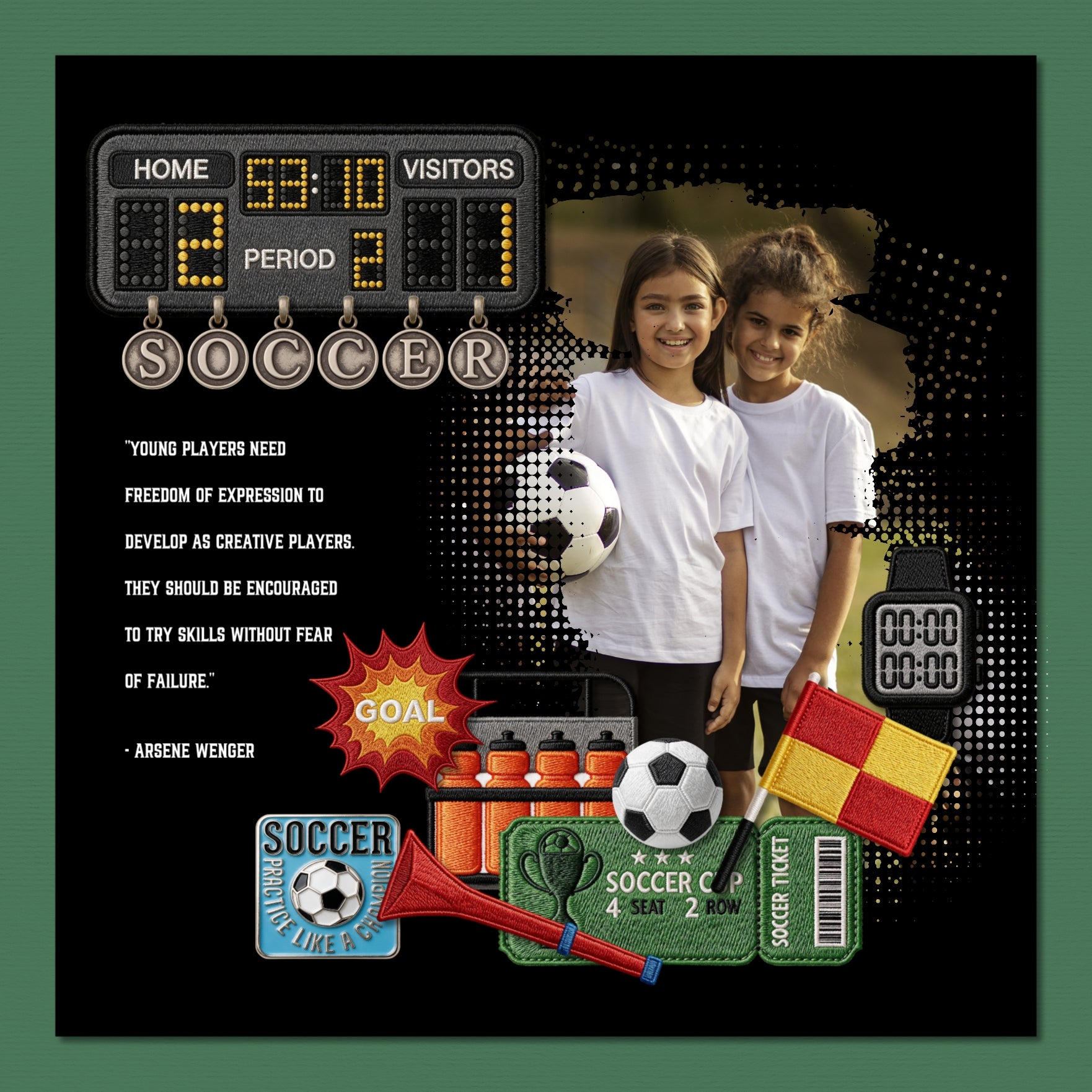 Accent your soccer and football digital scrapbooking pages with these fun embroidered patches by Crafty Clover digital art great for a team, player, coach, athlete, and volleyball sport fan! Embellishments include red card, yellow card, cone, banner, corner kick, beer, field, first aid kit, flag, foam finger, game plan, goal keeper, gloves, goal, hat, horn, medal, net, soccer blub patch, practice vest, umpire, referee, scarf, scoreboard, shin guard, soccer ball, ticket, trophy, tv, television, shirt, jersey