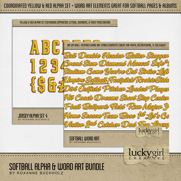 Add these sporty softball word art embellishments and yellow and red jersey alpha set by Lucky Girl Creative digital art to all your softball sport digital scrapbooking pages! Great for page titles for teams, players, coaches, and more! Word art embellishments include ball, ballpark, base, bases, batter, big, catch, catcher, center, coach, collegiate, dad, day, diamond, dirt, double, dreams, fan, fastpitch, field, 1st, 2nd, 3rd, fly, foul, full count, game, grand slam, groundout, header, hit, home, infield