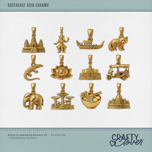 Document your world travel digital scrapbooking pages with these authentic gold charms by Crafty Clover digital art celebrating Southeast Asia. Countries include Cambodia, Laos, Myanmar, Burma, Thailand, Vietnam, Singapore, Brunei, Indonesia, Malaysia, Philippines, and more! Charm embellishments include elephant, Komodo Dragon, Red Panda, boat, Buddha, Lotus flower, noodles, Angkor Wat, Borobudur, Gardens by the Bay, Grand Palace, Traditional Thai Dancer, and Tuk Tuk transportation. 