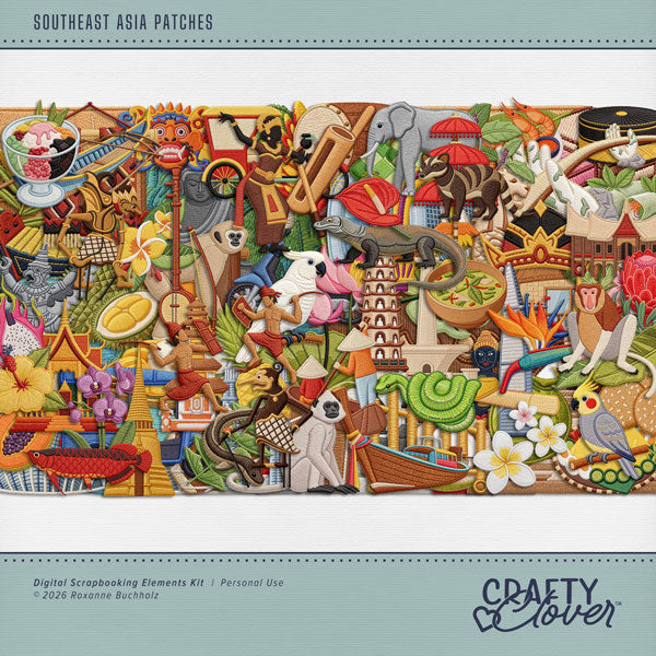 Document your world travel digital scrapbooking pages with these authentic embroidered patches by Crafty Clover digital art celebrating Southeast Asia. Countries include Cambodia, Laos, Myanmar, Burma, Thailand, Vietnam, Singapore, Brunei, Indonesia, Malaysia, Philippines, and more! Embellishments include airplane window, Gibbon monkey, Cockatiel, Cockatoo, eel, elephant, fish, Arowana, Komodo Dragon, Langur monkey, Proboscis monkey, Red Panda, snake, Water Buffalo, mask, Barong Ritual, Big Hands Bridge