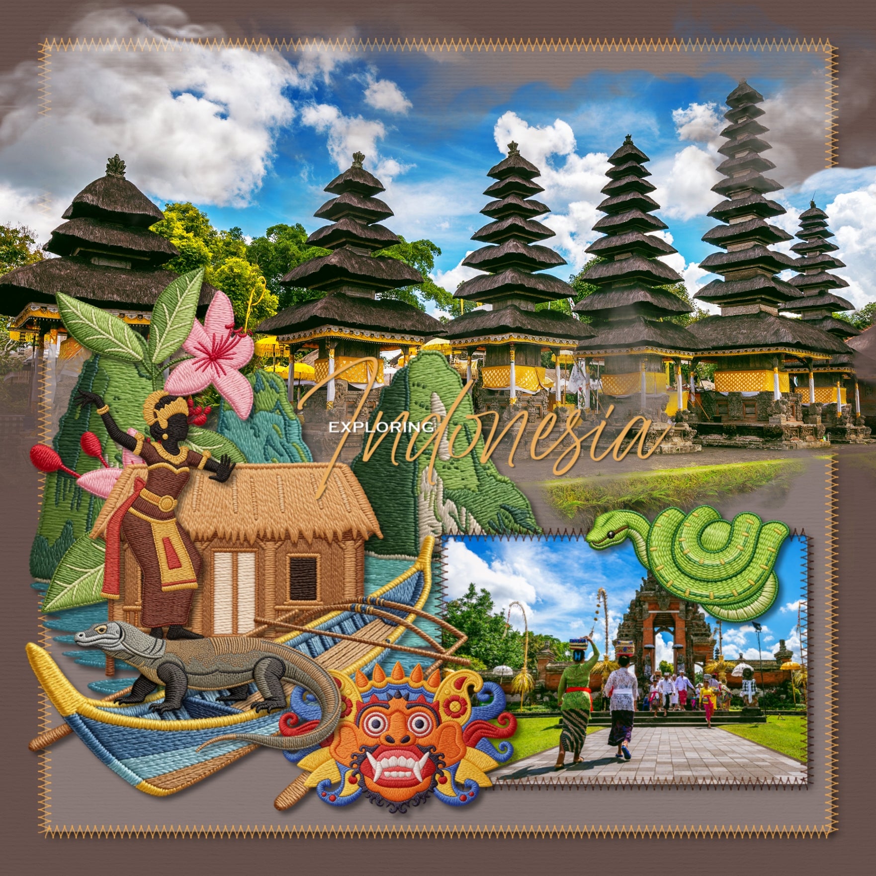 Document your world travel digital scrapbooking pages with these authentic embroidered patches by Crafty Clover digital art celebrating Southeast Asia. Countries include Cambodia, Laos, Myanmar, Burma, Thailand, Vietnam, Singapore, Brunei, Indonesia, Malaysia, Philippines, and more! Embellishments include airplane window, Gibbon monkey, Cockatiel, Cockatoo, eel, elephant, fish, Arowana, Komodo Dragon, Langur monkey, Proboscis monkey, Red Panda, snake, Water Buffalo, mask, Barong Ritual, Big Hands Bridge