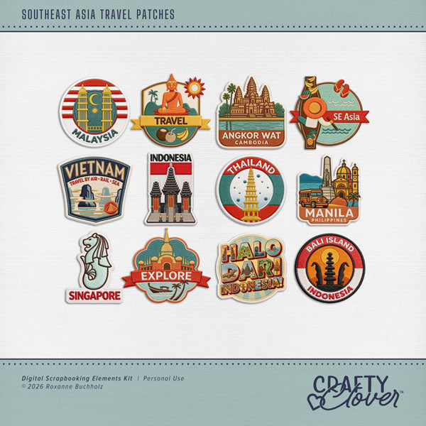 Document your world travel digital scrapbooking pages with these authentic embroidered patches by Crafty Clover digital art celebrating Southeast Asia. Countries include Cambodia, Laos, Myanmar, Burma, Thailand, Vietnam, Singapore, Brunei, Indonesia, Malaysia, Philippines, and more! Vacation destinations include Angkor Wat, Bali, and Manila. This kit is NOT included in any bundle.