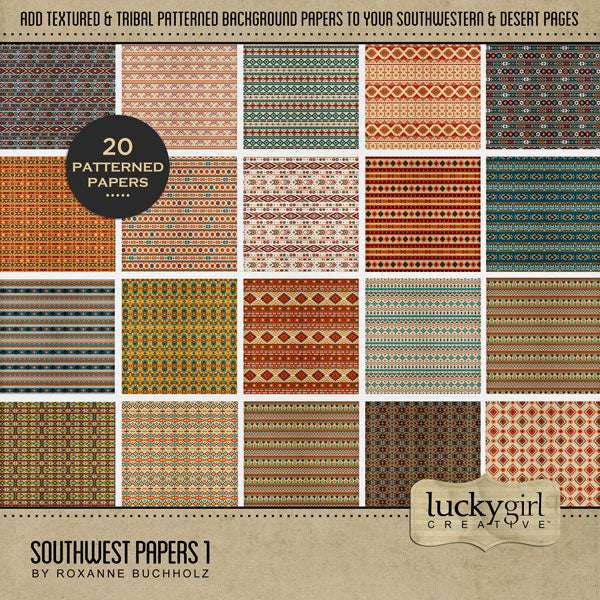 Add tribal patterned papers to all your digital scrapbooking pages that feature the desert, Southwest, Indigenous Peoples, Wild West, the American frontier, American Indians, and western themes. With tiny patterns, simply enlarge the background to create a bold look. The Southwest Papers 1 kit is NOT included in any bundle.