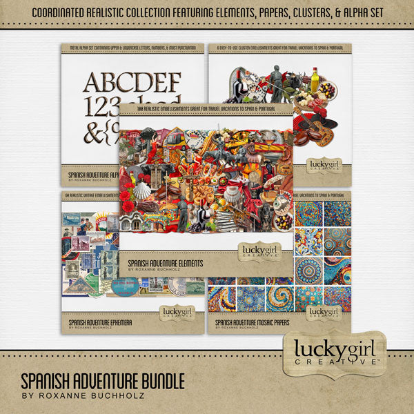 Adventure and explore through Spain with these beautiful and realistic embellishments, papers, clusters, and alpha set by Lucky Girl Creative digital art for digital scrapbooking. Whether you have taken a holiday to Spain, Portugal, or walked the Camino de Santiago trail, this collection will authentically accent your photos of Western Europe. Great for exploring Madrid, Barcelona, Valencia, Seville, and Zaragoza, too! Embellishments include airplane, flag of Spain, bull, arch, mosaic, architecture, Sagrada
