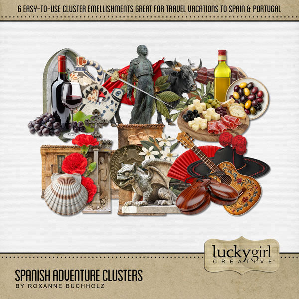 Adventure and explore through Spain with these beautiful and easy-to-use cluster embellishments by Lucky Girl Creative digital art for digital scrapbooking. Whether you have taken a holiday to Spain, Portugal, or walked the Camino de Santiago trail, this collection will authentically accent your photos of Western Europe. Great for exploring Madrid, Barcelona, Valencia, Seville, and Zaragoza, too! Embellishments include bullfighter, bull, meat and cheese, guitar, Flamenco, wine, ceramic, pottery, gargoyle