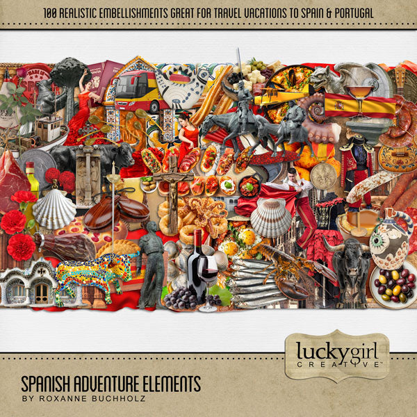 Adventure and explore through Spain with these beautiful and realistic embellishments by Lucky Girl Creative digital art for digital scrapbooking. Whether you have taken a holiday to Spain, Portugal, or walked the Camino de Santiago trail, this collection will authentically accent your photos of Western Europe. Great for exploring Madrid, Barcelona, Valencia, Seville, and Zaragoza, too! Embellishments include airplane, flag of Spain, bull, arch, mosaic, architecture, Sagrada Familia Basilica, box, bull