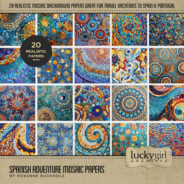 Adventure and explore through Spain with these beautiful mosaic background papers by Lucky Girl Creative digital art for digital scrapbooking. Whether you have taken a holiday to Spain, Portugal, or walked the Camino de Santiago trail, this collection will authentically accent your photos of Western Europe. Great for exploring Madrid, Barcelona, Valencia, Seville, and Zaragoza, too! This kit is included in the Spanish Adventure Bundle.