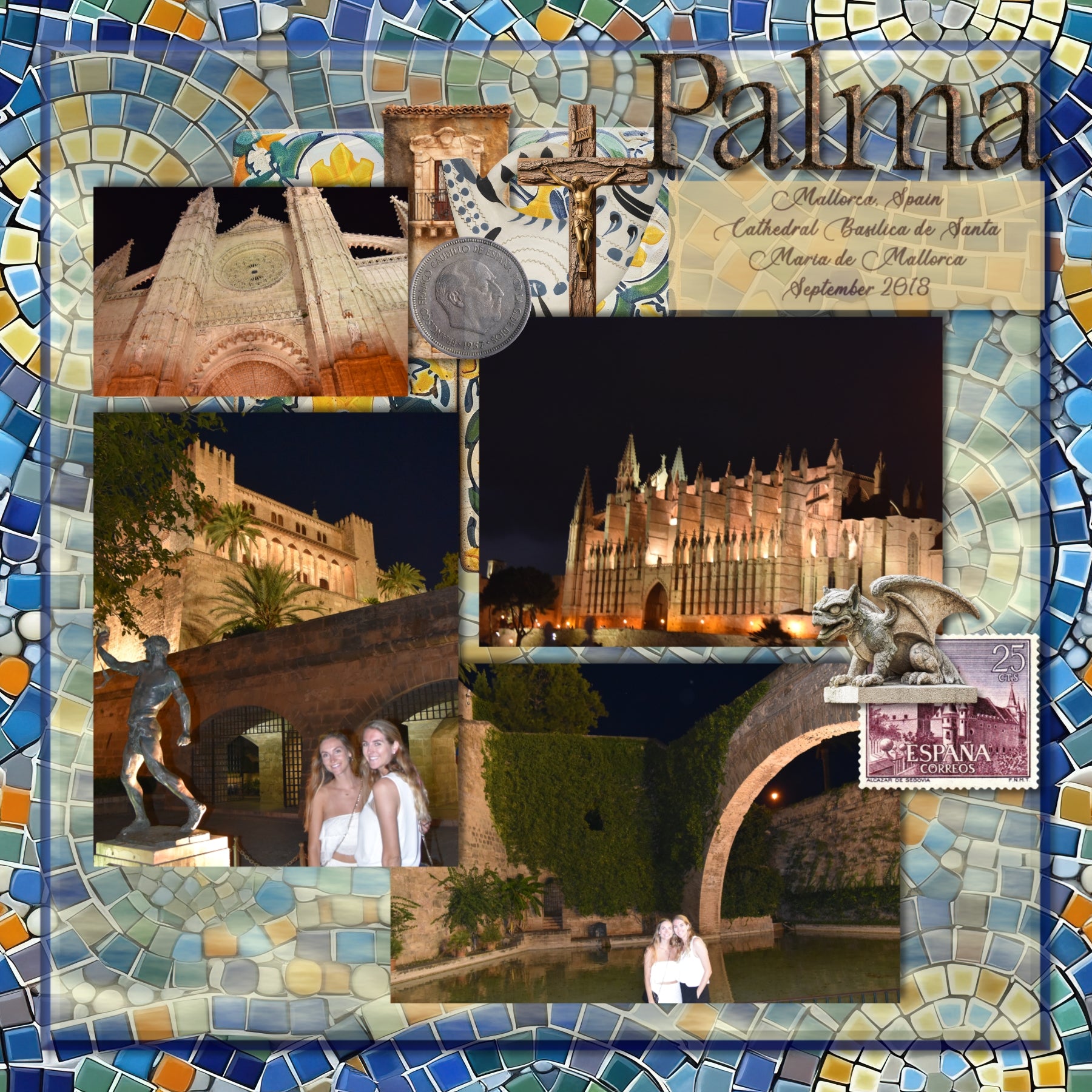 Adventure and explore through Spain with these beautiful and realistic embellishments, papers, clusters, and alpha set by Lucky Girl Creative digital art for digital scrapbooking. Whether you have taken a holiday to Spain, Portugal, or walked the Camino de Santiago trail, this collection will authentically accent your photos of Western Europe. Great for exploring Madrid, Barcelona, Valencia, Seville, and Zaragoza, too! Embellishments include airplane, flag of Spain, bull, arch, mosaic, architecture, Sagrada