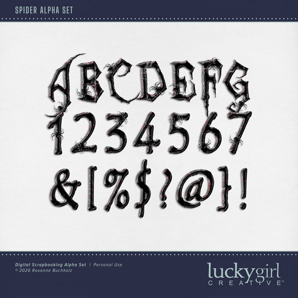 This creepy-crawly alphabet by Lucky Girl Creative digital art is perfect for adding a delightfully spooky touch to your Halloween digital scrapbooking pages. Whether you're spinning up eerie titles, creating wickedly wonderful word art, or adding a little arachnid-inspired charm to your scrapbook pages, this spider-themed alpha set is sure to make your creativity crawl to life! Perfect for Halloween scrapbook layouts, haunted house adventures, trick-or-treat memories, and spooky party invitations